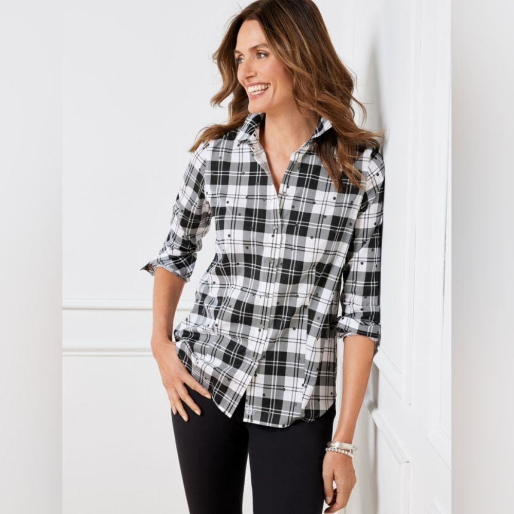 Talbot's Plus Non-Iron Perfect Shirt Black & White Polka Dot Plaid Blouse Top